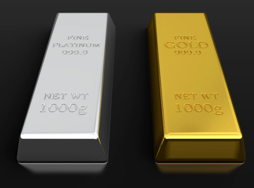 Gold and platinum bars on a black background