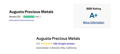 Augusta Precious Metals ratings from the Better Business Bureau, Google, and TrustPilot
